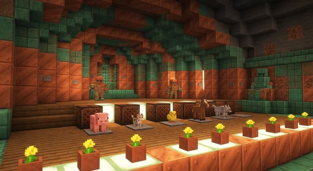 A Minecraft underground copper concert hall with baby mobs triggering Note Blocks on an oxidized copper stage while Copper Golems press redstone buttons, with Golden Dandelions in flower pots glowing softly under warm lantern light