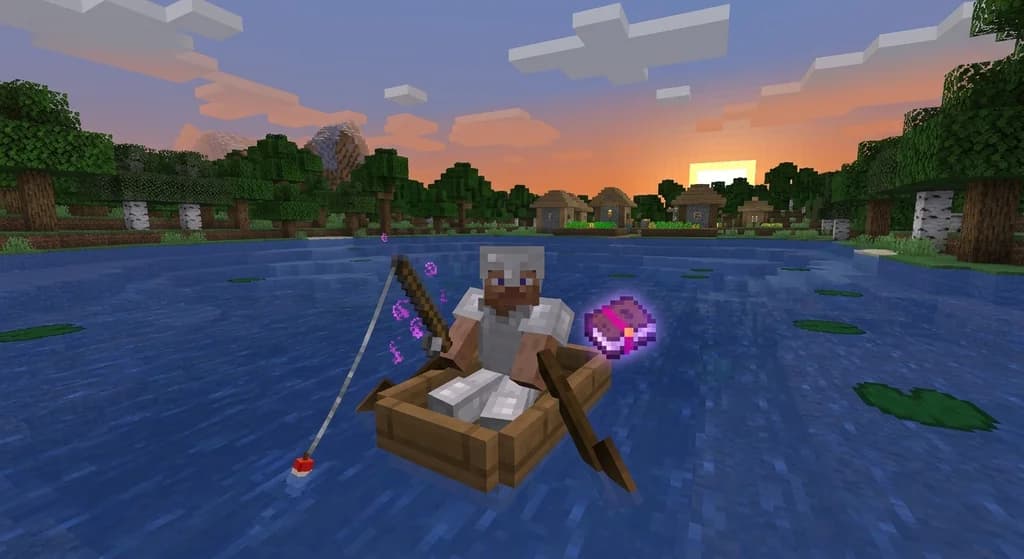 Minecraft player fishing with a Mending rod, glowing enchanted book floating nearby, on a lake at sunrise.