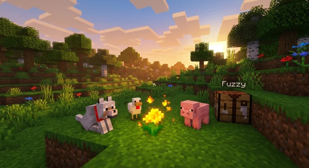 Revamped baby Minecraft mobs gathered around a glowing Golden Dandelion in a sunlit meadow, with a Name Tag and crafting table in the foreground, showcasing the Minecraft 26.1 Tiny Takeover update