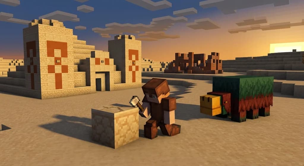 Minecraft player excavating suspicious sand with a brush near a desert pyramid, with trail ruins in the background.
