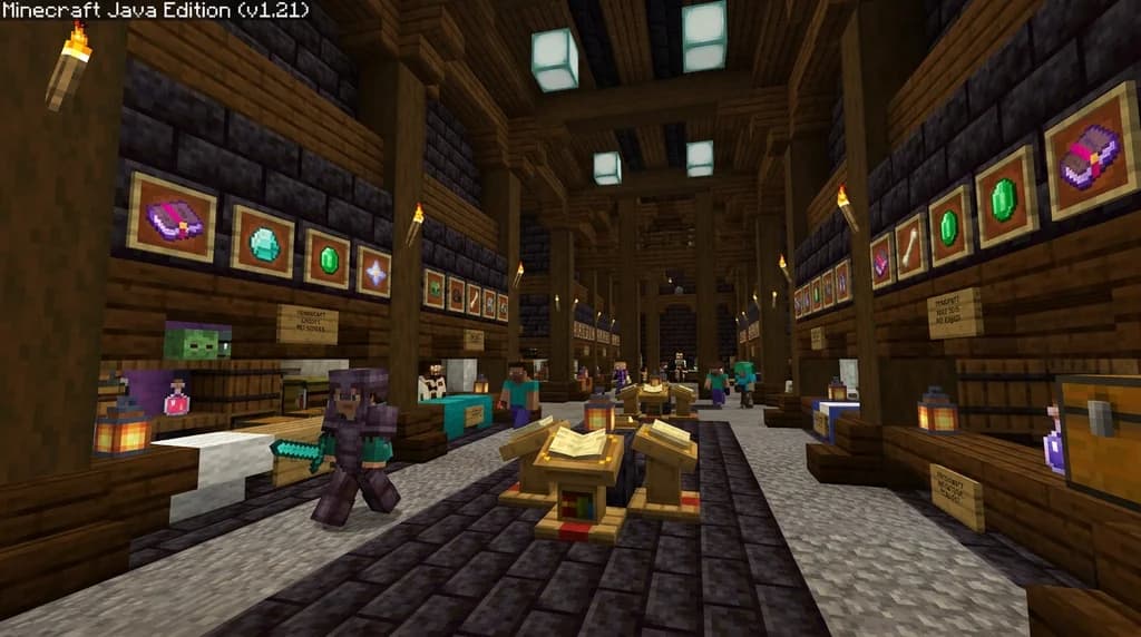 A grand Minecraft auction house marketplace hall built from polished blackstone and dark oak with sea lanterns, item frames showing enchanted books and diamonds, and a player in netherite armor browsing auction podiums