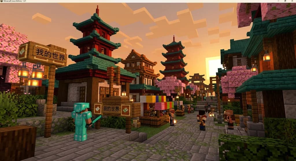 Minecraft player in diamond armor gazing at a Chinese-themed city with pagodas and cherry blossoms, with a sign reading '我的世界'.