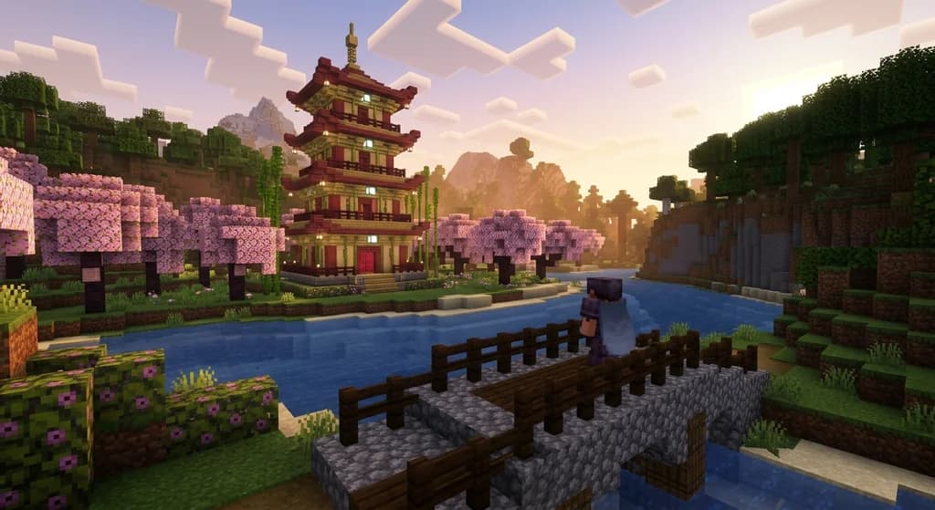 A Minecraft player explores a Chinese-themed landscape with a pagoda, cherry blossoms, and a river in the China Edition.