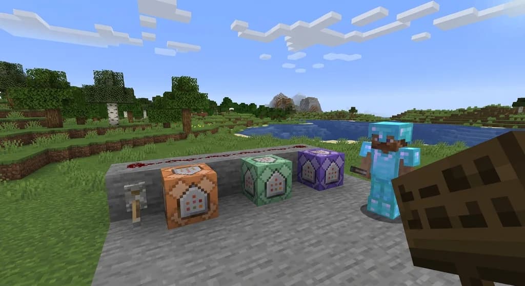 Minecraft command block setup with impulse, chain, and repeating command blocks connected by redstone, with a player in diamond armor and a sign showing a command.