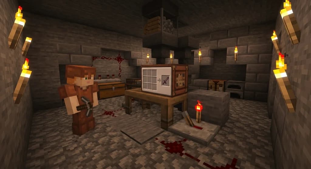 A player in a redstone workshop using a Crafter block with hoppers and redstone wiring, crafting a netherite sword.