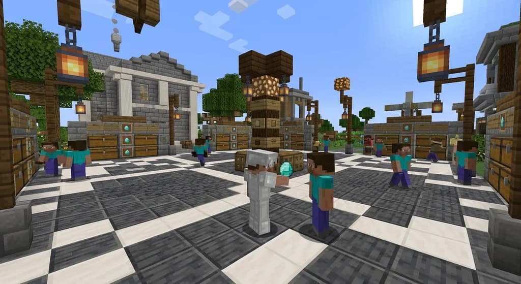A Minecraft diamond currency server hub with players trading diamonds at chest shops.