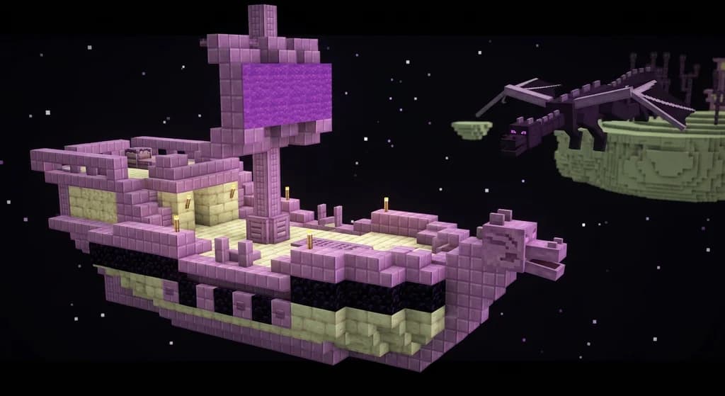 An End ship in Minecraft with a dragon head at the bow, floating in the dark End sky.