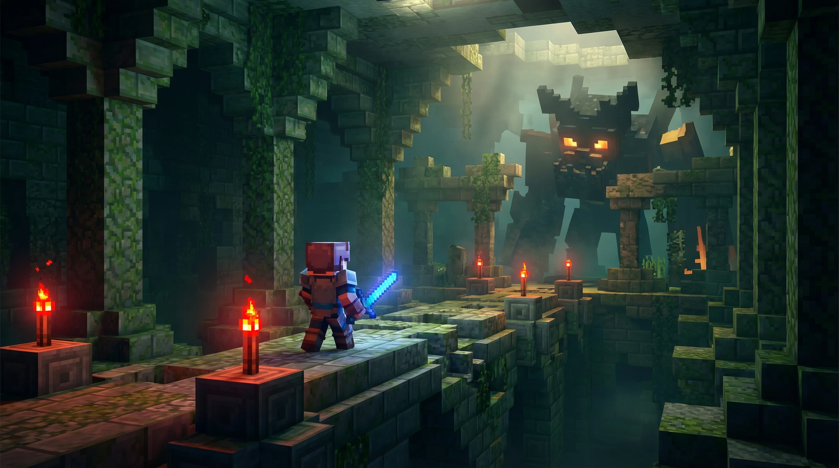 Minecraft Dungeons 2 concept art showing a blocky hero with an enchanted sword facing a massive boss in a glowing dungeon — representing the most anticipated features in the 2026 sequel