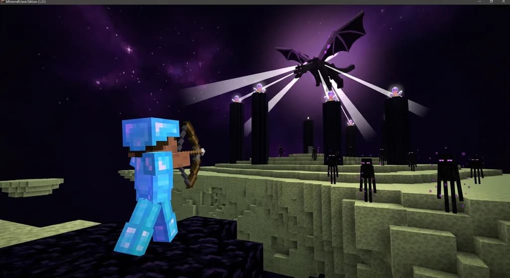 Minecraft player battling the Ender Dragon with a bow and enchanted diamond armor in the End dimension, surrounded by obsidian pillars and endermen.