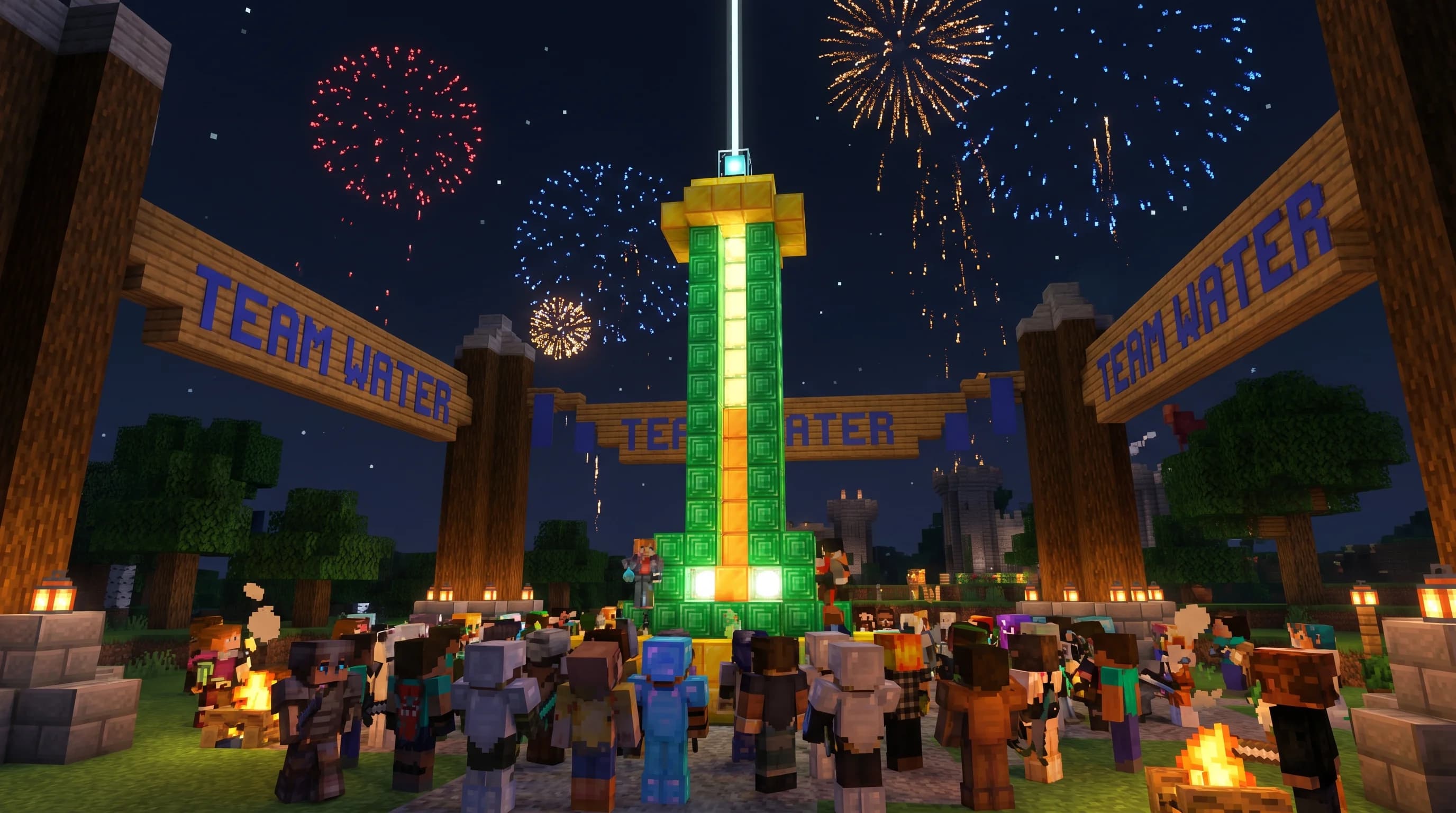 Minecraft players gathered around a giant in-game charity thermometer build during a community fundraising event inspired by the Team Water campaign, with fireworks and banners overhead