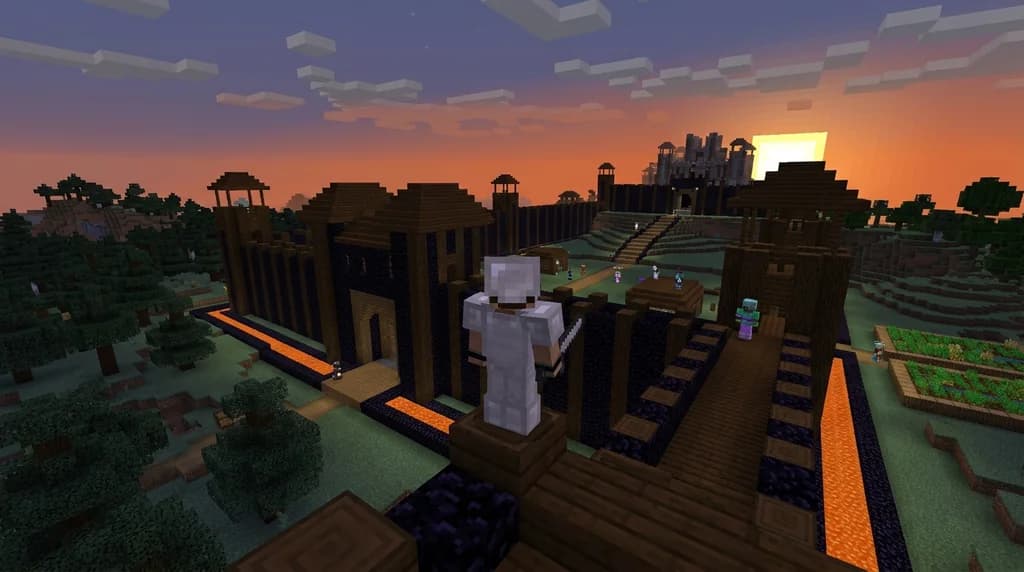 A Minecraft factions server base with obsidian walls and lava moats, player in iron armor looking out.