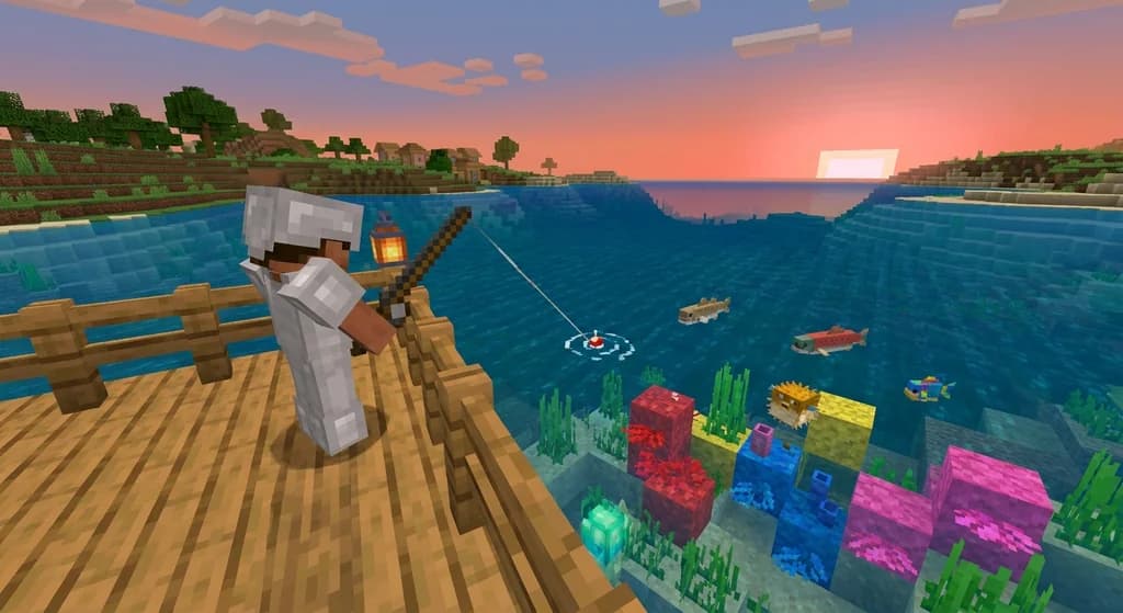 Minecraft player fishing from a dock in a warm ocean, with cod, salmon, pufferfish, and tropical fish visible in the water.