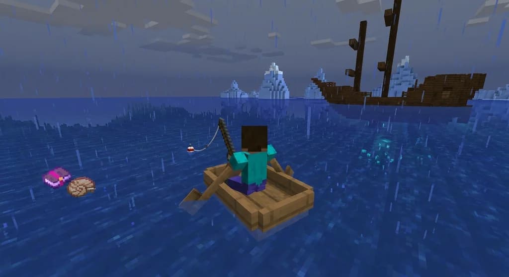 Minecraft player fishing from a boat in a deep ocean biome under rainy weather with treasure items floating nearby.