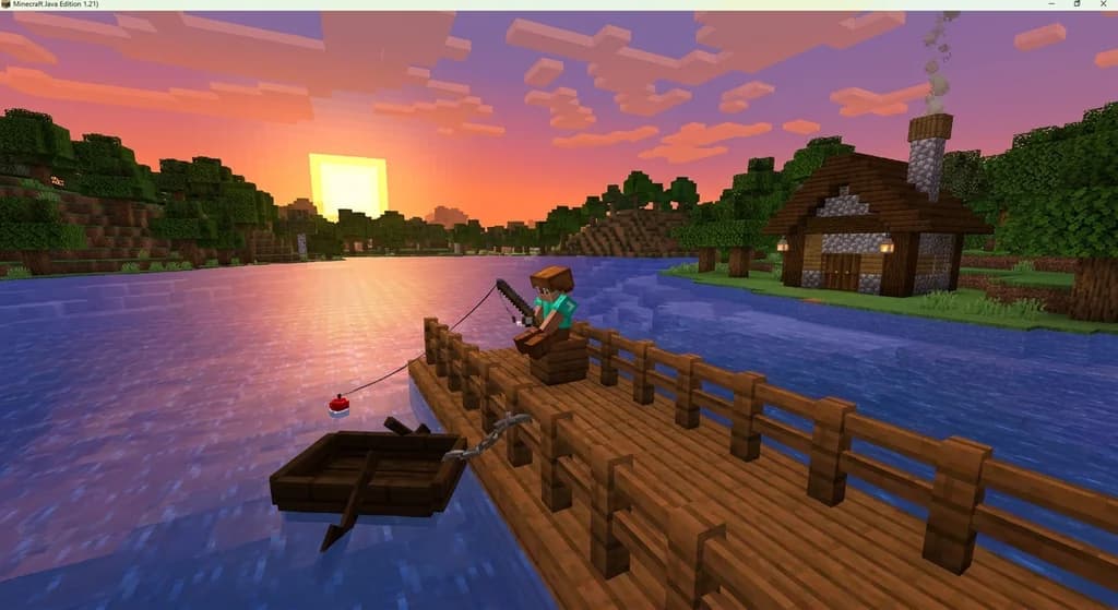 Minecraft fishing dock with player fishing at sunset, boat tied to the dock, and a cabin in the background.