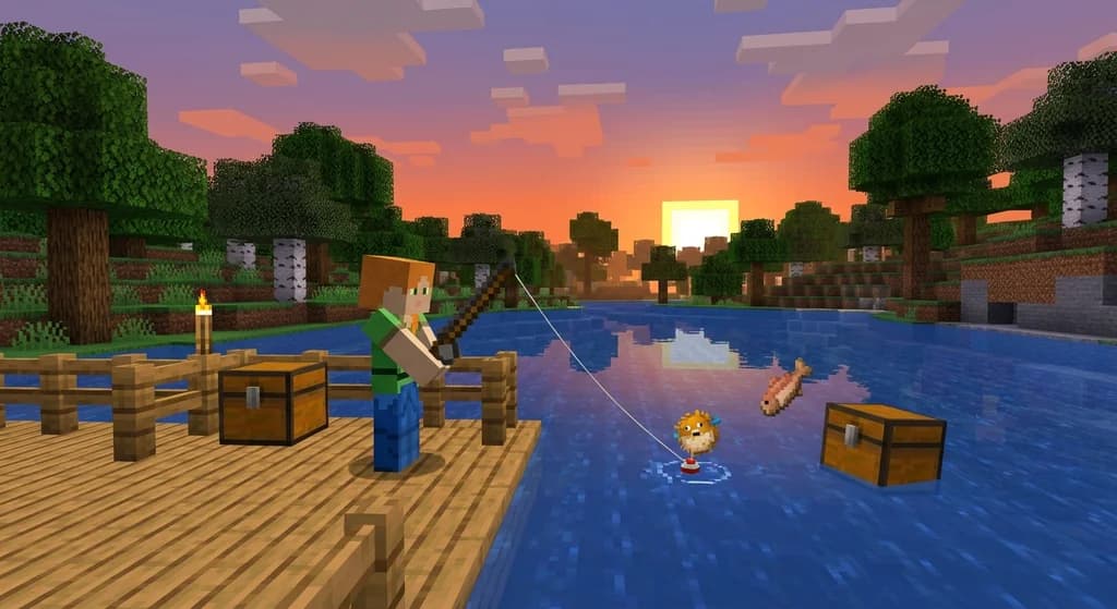 Minecraft fishing scene with player catching fish and treasure from a dock at sunset