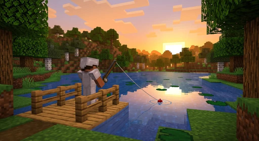 Player fishing from a dock on a lake with lily pads at sunset.