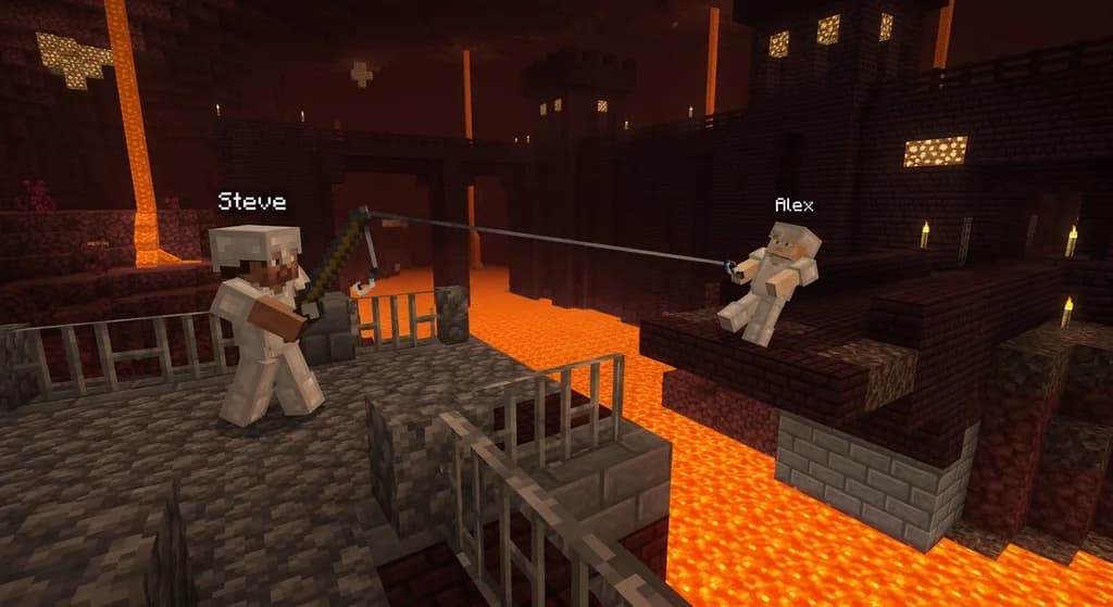 Minecraft player using fishing rod to pull opponent across a lava moat in the Nether.
