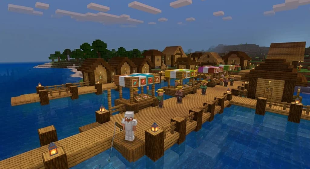A Minecraft fishing village at sunset with wooden docks, fishing huts, and a central fish market displaying catches in item frames.