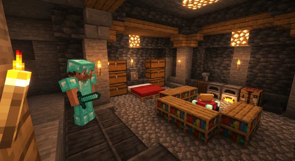 A Minecraft player in diamond armor inside a well-equipped underground survival base with an enchanting table, bookshelves, furnace, crafting table, and glowstone lighting
