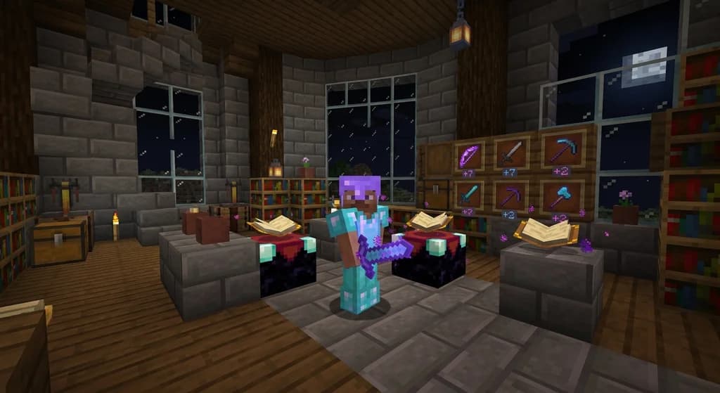 A player viewing custom item attributes on a sword in a magical tower.