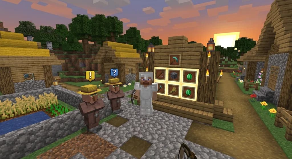 Minecraft job board with quest NPCs and a player selecting a mining job in a medieval village.