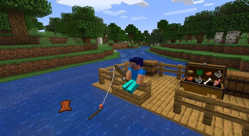 Minecraft player fishing for junk items on a dock, catching a leather boot.