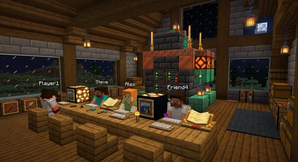 Four Minecraft players enjoying a LAN party in a custom-built hall with a server rack and glowing lanterns.