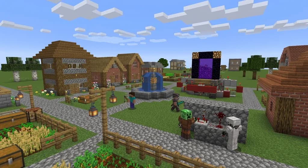 Players exploring the mini game lobby town with redstone puzzles and a nether portal gate.