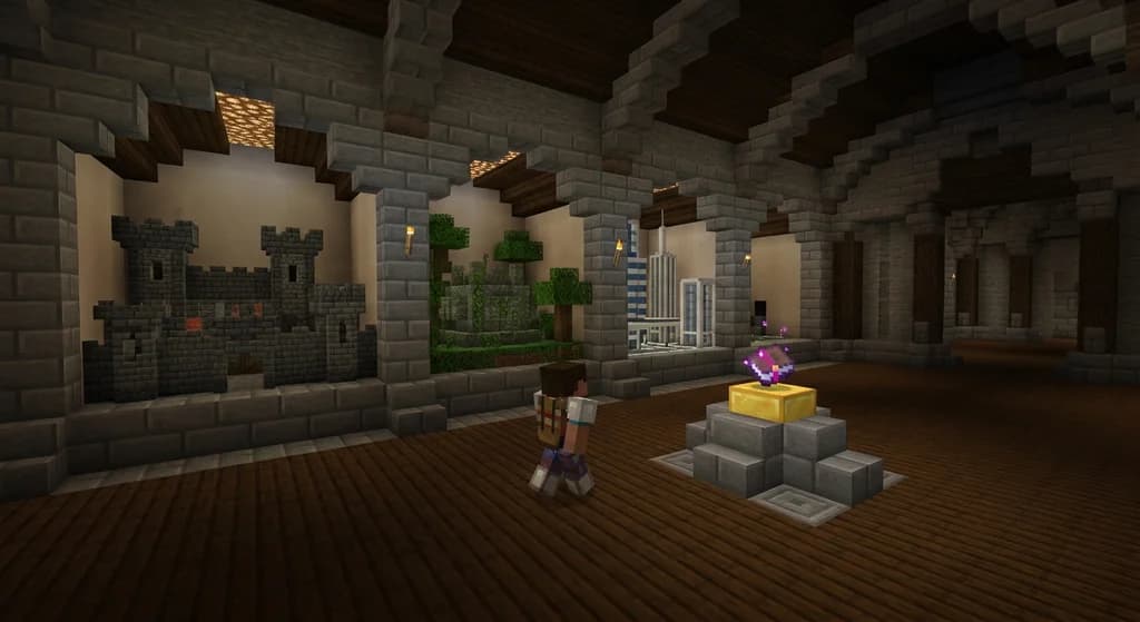 A Minecraft player in a hall with miniature dioramas of worlds and an enchanted book on a pedestal, representing Marketplace Pass content.