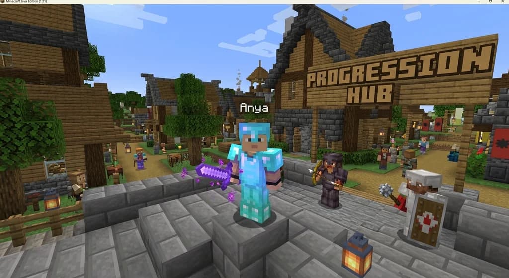 A Minecraft player with a custom glowing sword in a server town with other players and a progression sign.