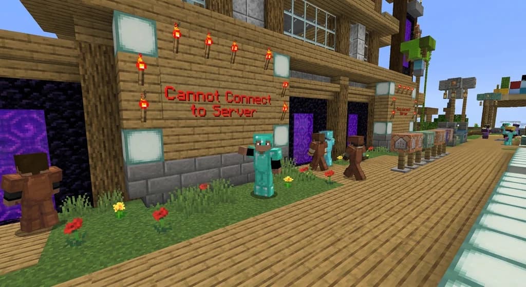 Minecraft player in a hub area pointing at a connection error message while other players enter portals, illuminated by sunset light.