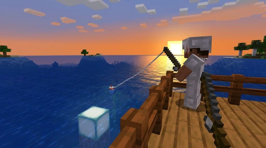 A Minecraft player fishing from a wooden oak plank dock over an open ocean biome at sunset, bobber floating on clear open water with sea lanterns glowing below the surface.