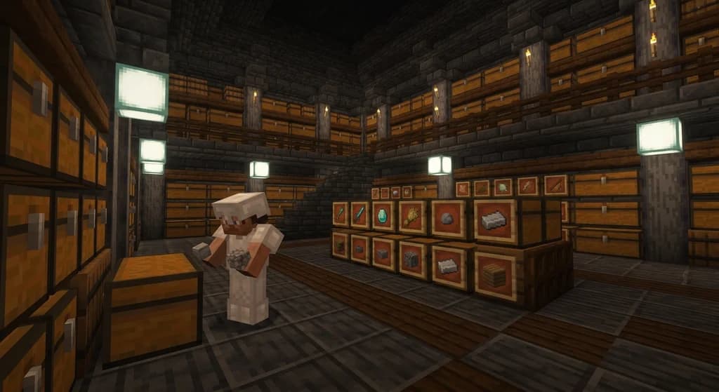 A large underground Minecraft storage room with polished deepslate walls, rows of labeled chests with item frames, sea lantern lighting, and a player in iron armor organizing inventory items.