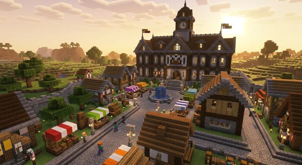 A Minecraft town hall built from polished andesite and dark oak with sea lantern lighting, surrounded by a player-made city with cobblestone roads and market stalls at golden hour.