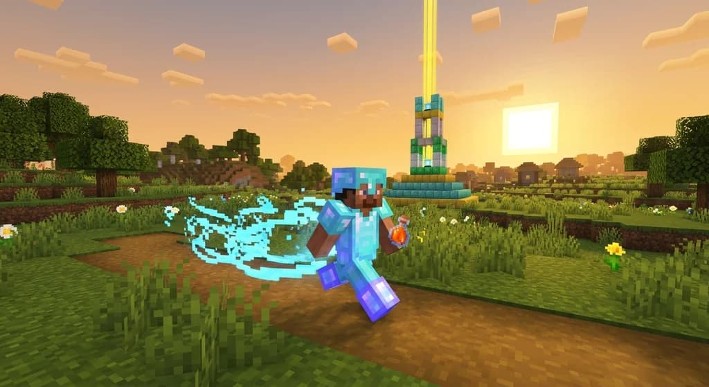 Minecraft player sprinting with speed effect across a grassy plain, beacon in background.