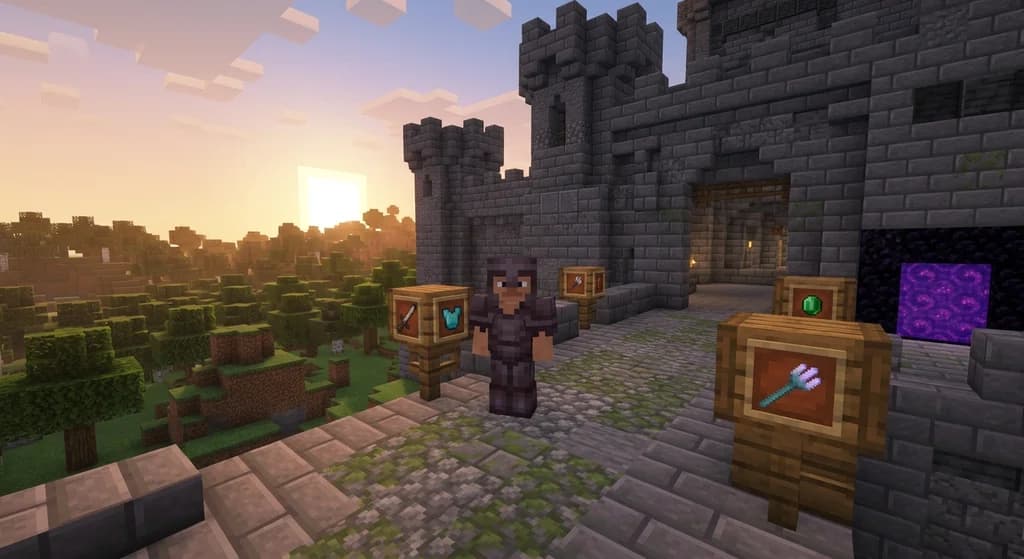 A Minecraft player in Netherite armor standing before a grand deepslate castle with tiered gear on item frames, a glowing nether portal, and golden hour sunlight over rolling hills
