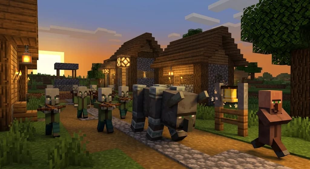 Minecraft village during a raid with pillagers, a ravager, and panicking villagers near a ringing bell.