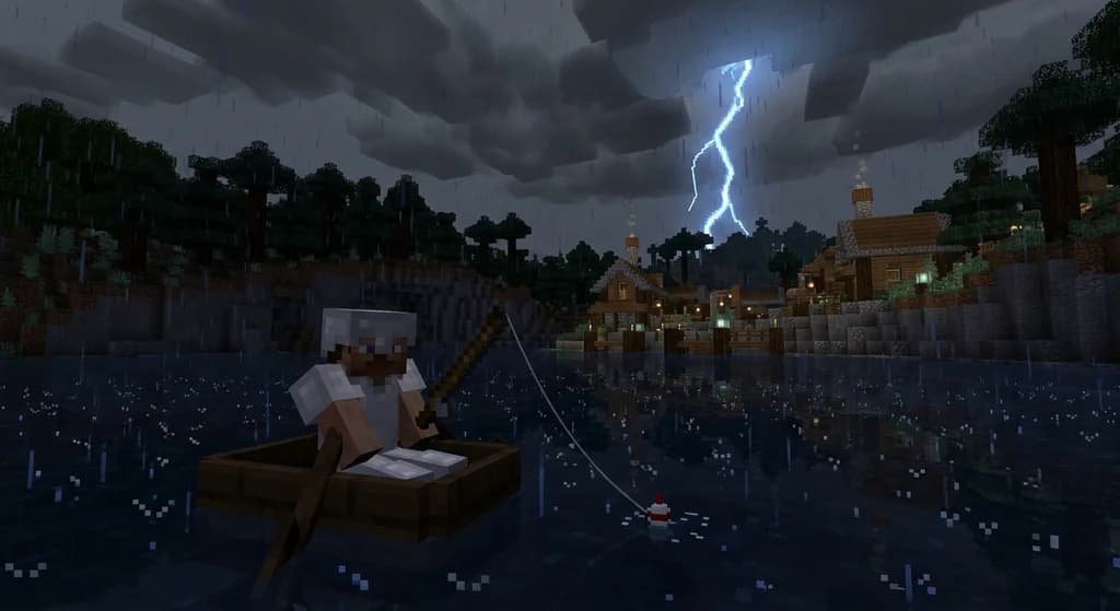 Minecraft player fishing in a thunderstorm on a boat, with lightning and rain effects, highlighting better loot drops.