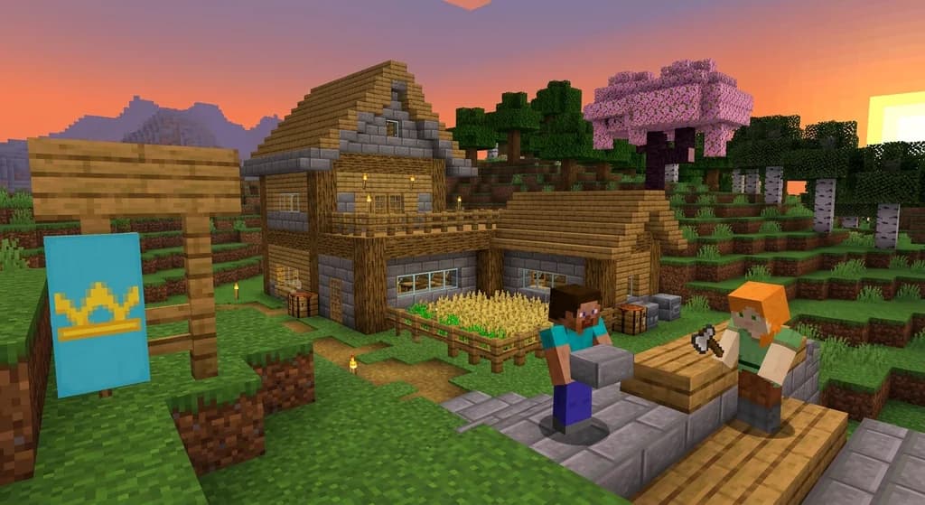 Two Minecraft players building a cozy base on a private Realms server with a welcome sign and a banner with a crown, sunset lighting.