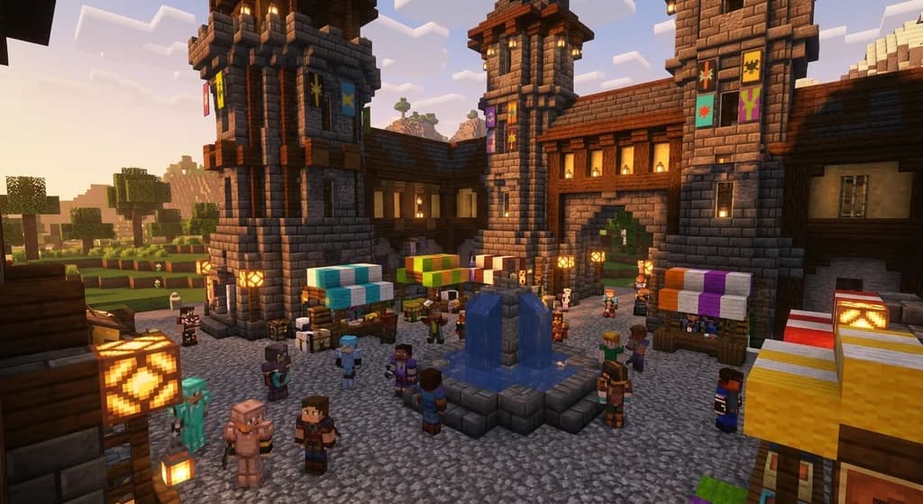 A grand Minecraft roleplay server spawn built from deepslate, dark oak, and glowstone lanterns with player characters gathered around a central fountain at golden hour