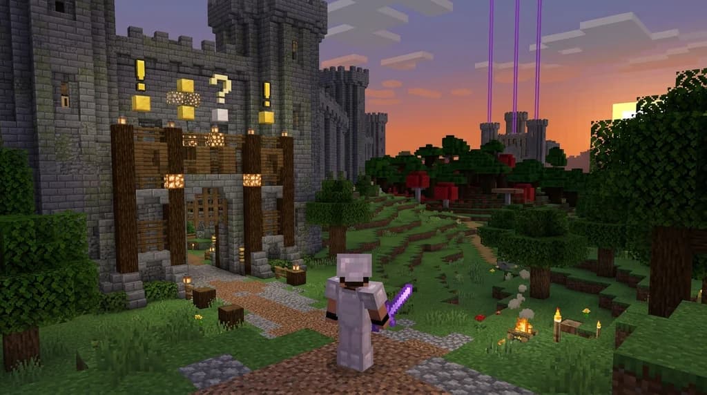 Minecraft RPG map solo practice scene: a lone player ready to start an epic adventure in a custom-built fantasy world with quest markers.