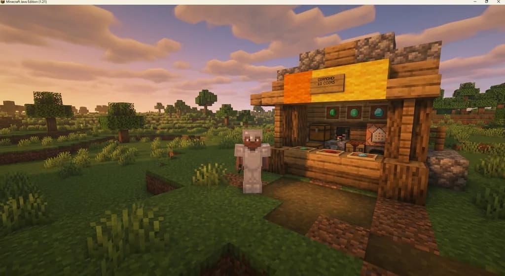 A Minecraft player interacting with a command block shop in a vanilla scoreboard economy setup.
