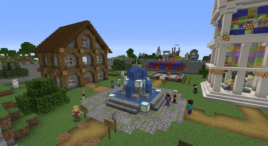 Players at a server spawn hub showcasing different Minecraft server archetypes like survival, creative, and minigame.