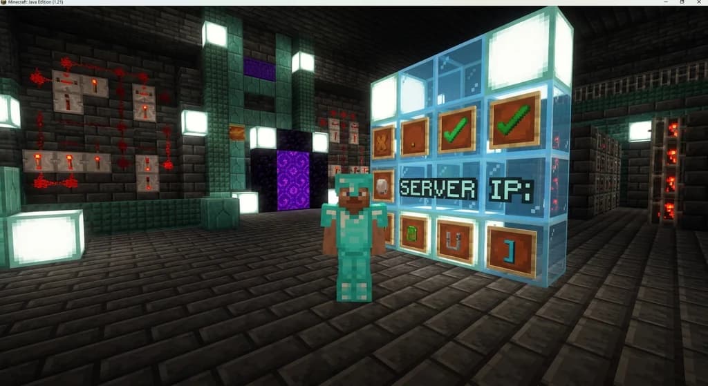 Minecraft player verifying a server IP safety with holographic screen in a futuristic server room.