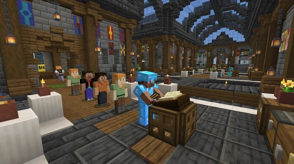Minecraft player filling out a staff application at a lectern in a server hub.