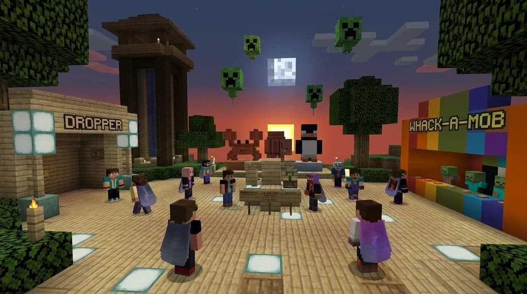 Minecraft event server hub with players in exclusive cosmetics, three mob statues for voting, and minigame booths.