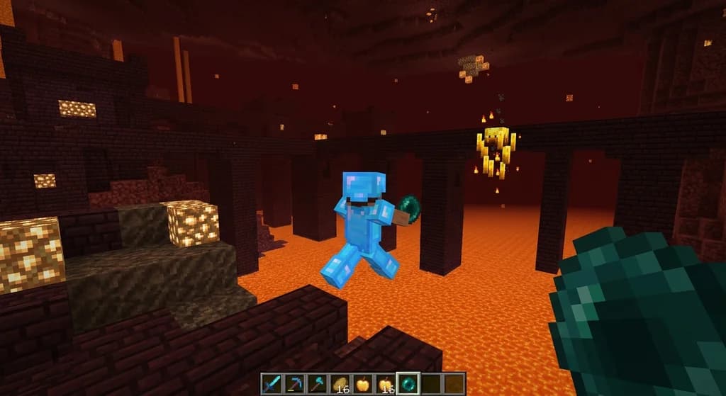 Minecraft player in diamond armor in a nether fortress, hotbar filled with sword, pickaxe, golden apples, and ender pearls, throwing an ender pearl across lava.