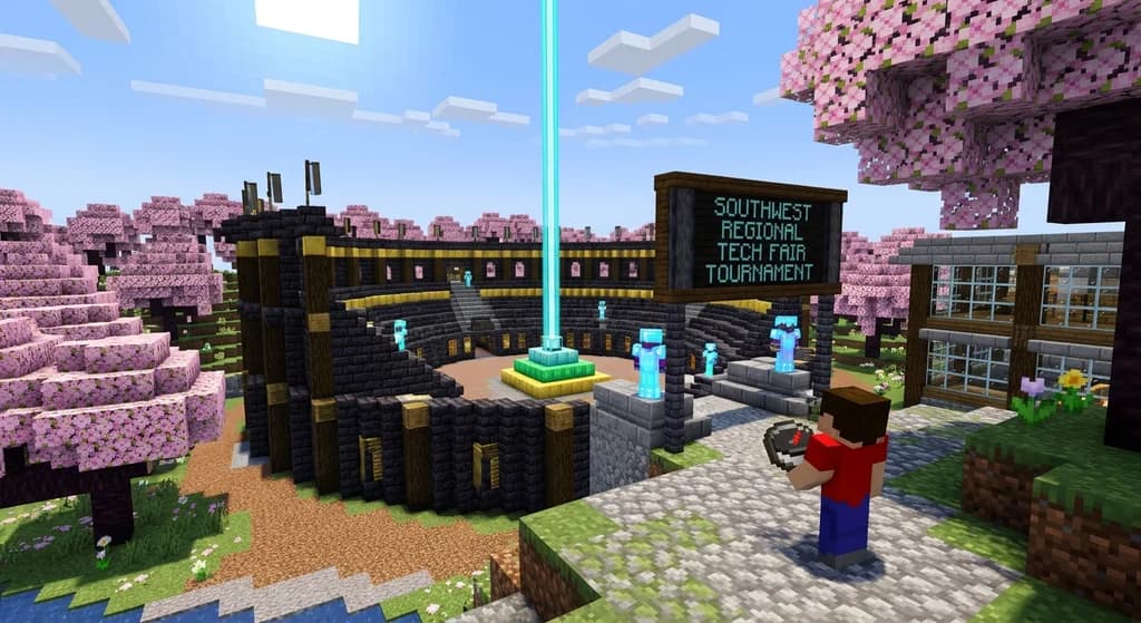 Minecraft scene depicting a tournament arena with player characters and a school building, representing the novel Minecraft: The Tournament.