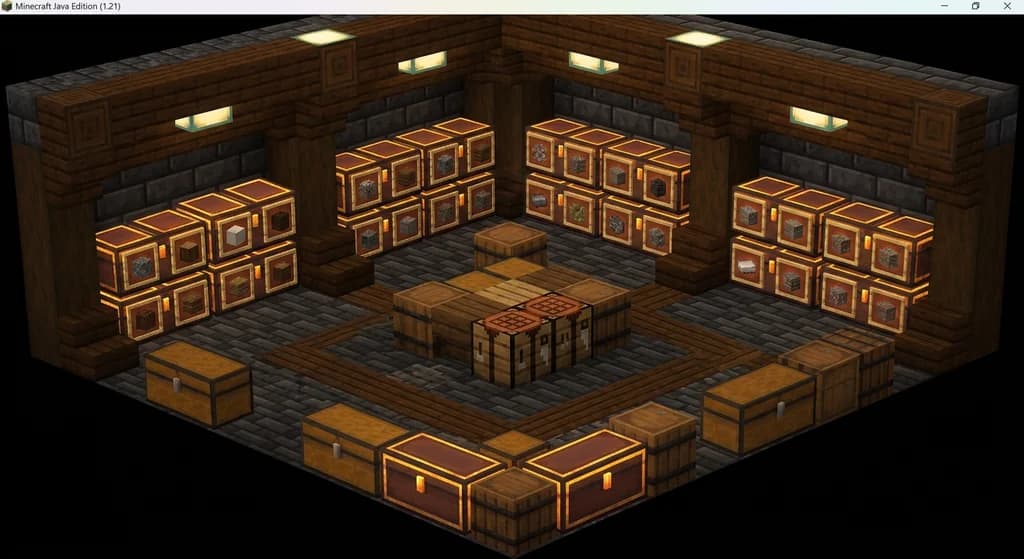A Minecraft storage room built from deepslate and dark oak with rows of Sophisticated Storage chests, item frames, and sea lantern lighting in a vanilla-plus style base