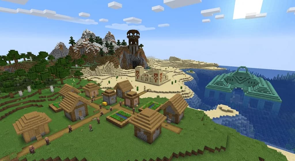 A Minecraft world featuring a village, desert temple, ocean monument, and pillager outpost across different biomes.
